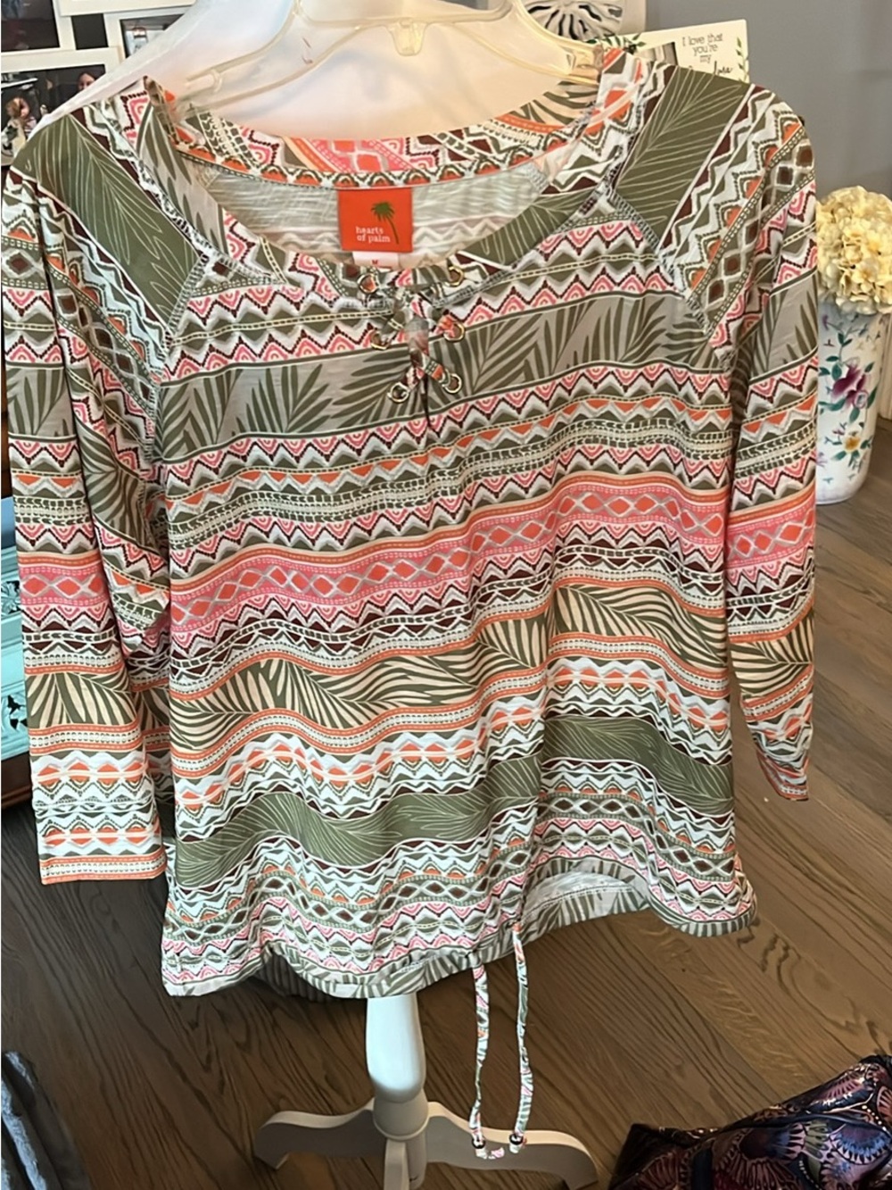 hearts of palm Olive, Coral & White Patterned Tunic Top